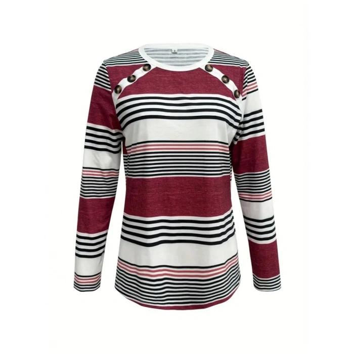 Kadın Uzun Kollu Bisiklet Yaka Düğme Detaylı Desenli Süprem Bluz