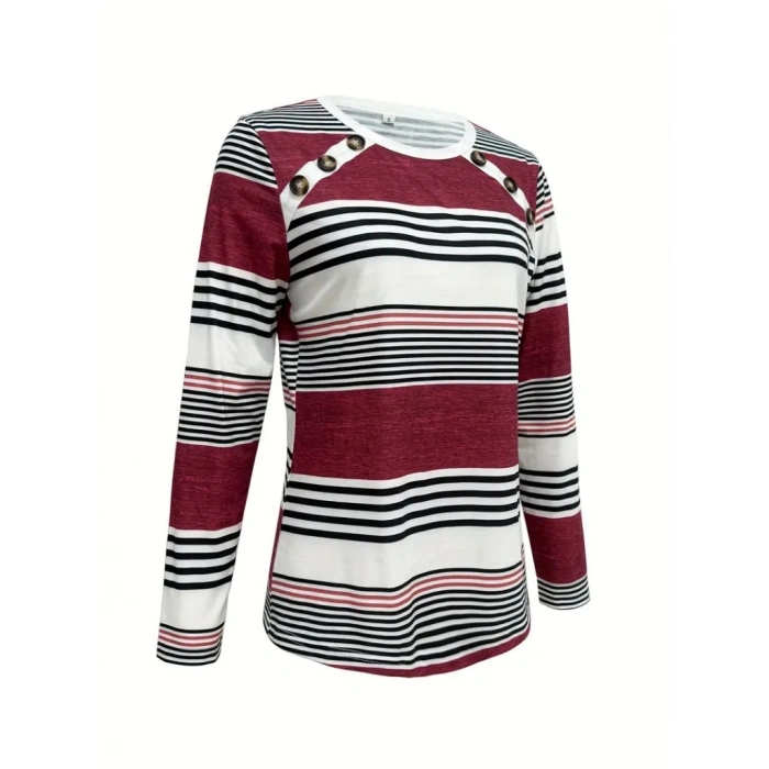 Kadın Uzun Kollu Bisiklet Yaka Düğme Detaylı Desenli Süprem Bluz