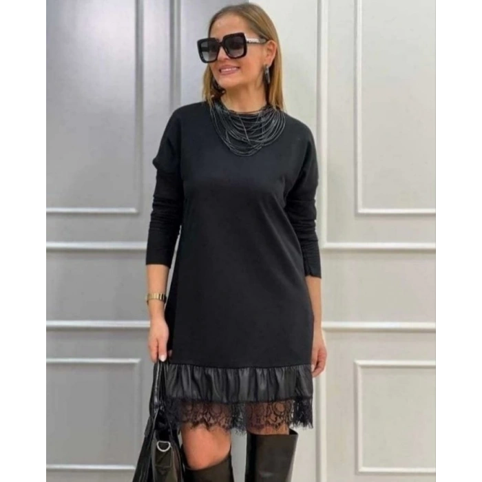 Kadın Uzun Kollu Bisiklet Yaka Etek Ucu Deri Dantelli Viskon Iki Iplik Midi Elbise