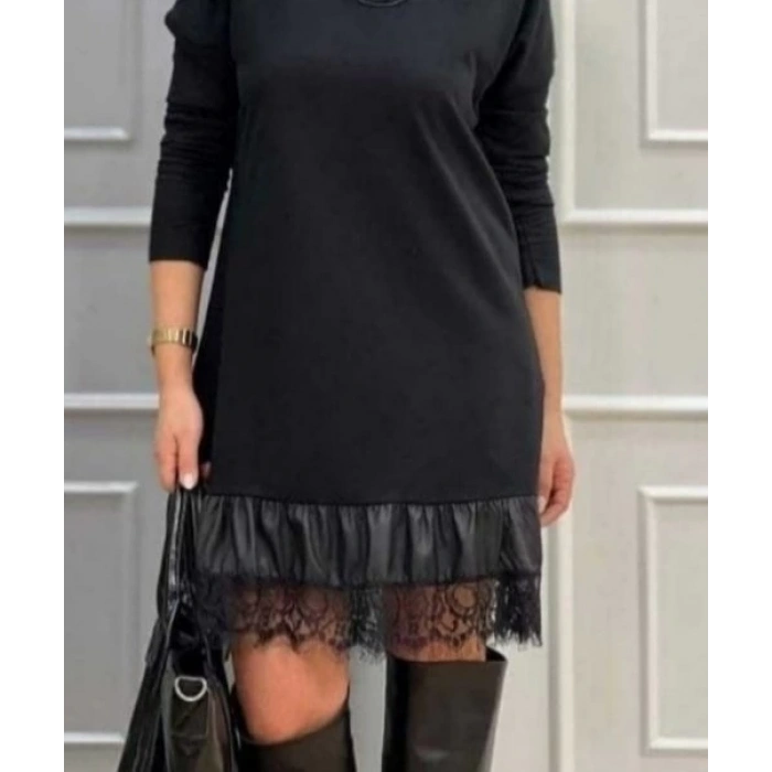 Kadın Uzun Kollu Bisiklet Yaka Etek Ucu Deri Dantelli Viskon Iki Iplik Midi Elbise