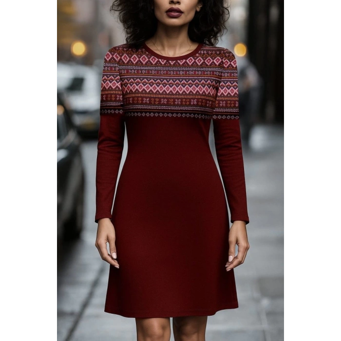 Kadın Uzun Kollu Bisiklet Yaka Etnik Desenli Kısa şardonlu Dalgıç Elbise