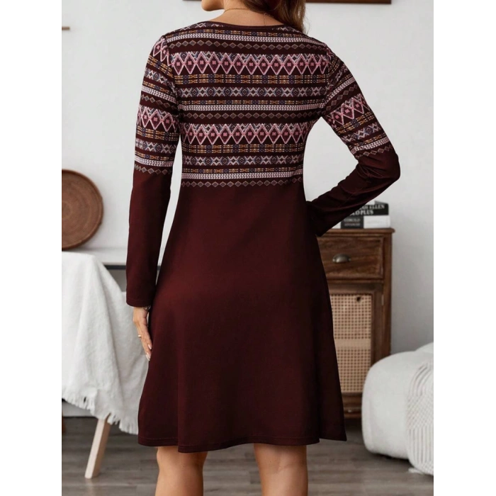 Kadın Uzun Kollu Bisiklet Yaka Etnik Desenli Kısa şardonlu Dalgıç Elbise