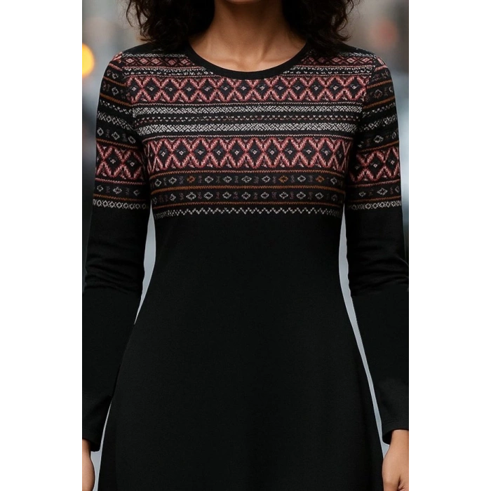 Kadın Uzun Kollu Bisiklet Yaka Etnik Desenli Kısa şardonlu Dalgıç Elbise