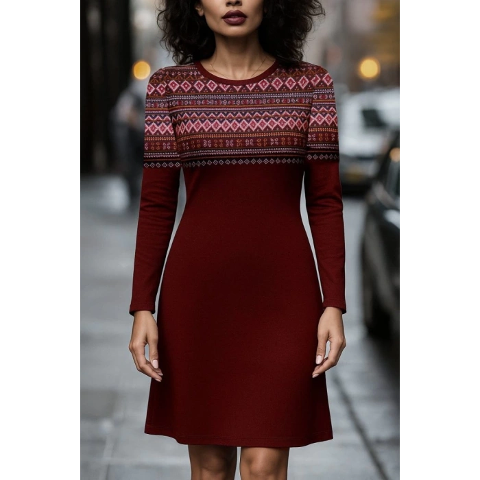 Kadın Uzun Kollu Bisiklet Yaka Etnik Desenli Kısa şardonlu Dalgıç Elbise