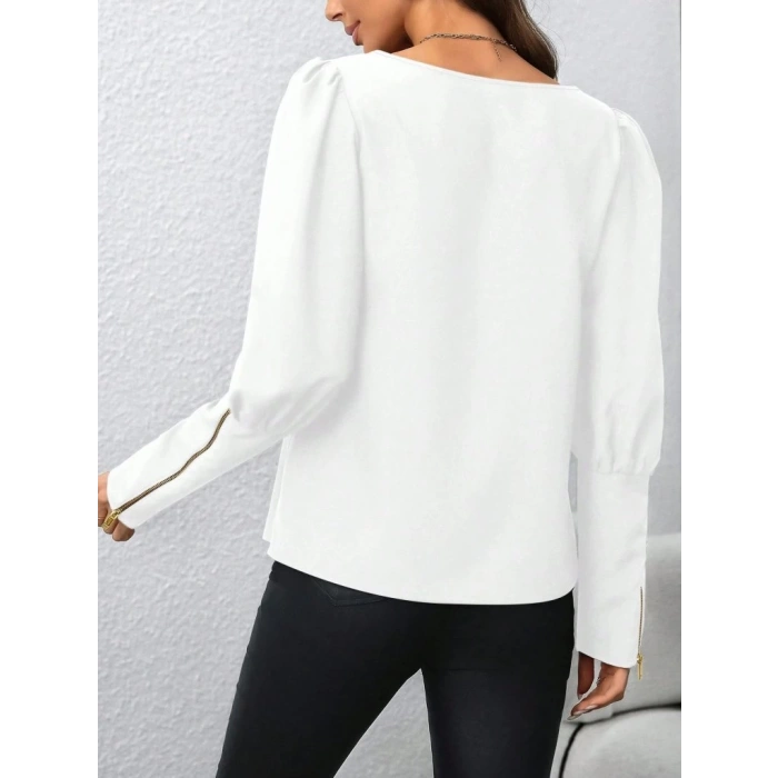 Kadın Uzun Kollu Bisiklet Yaka Fermuar Detaylı Ithal Krep Bluz