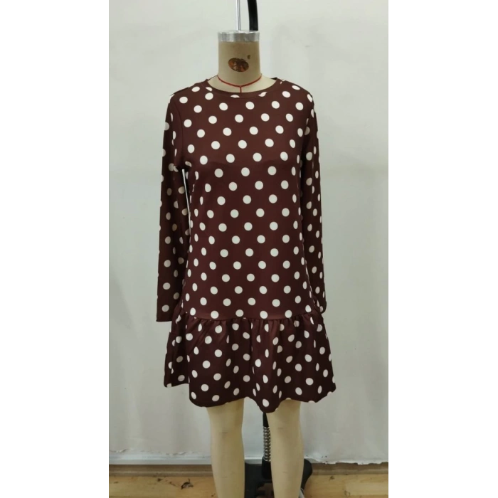 Kadın Uzun Kollu Bisiklet Yaka Fırfırlı Puantiyeli Kısa Modal Elbise