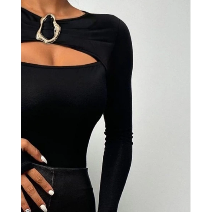 Kadın Uzun Kollu Bisiklet Yaka Göğüs Dekolteli Viskon Bluz