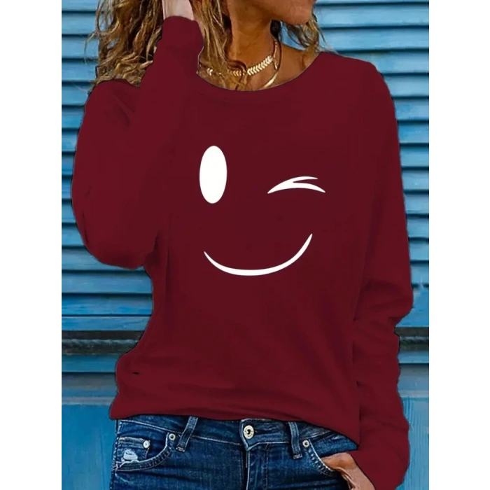 Kadın Uzun Kollu Bisiklet Yaka Gülen Yüz Desenli Viskon Bluz
