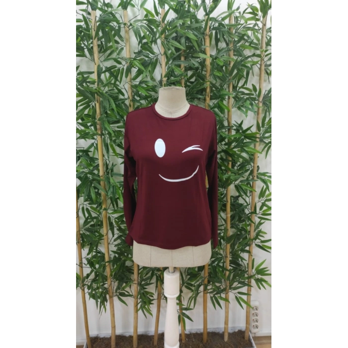 Kadın Uzun Kollu Bisiklet Yaka Gülen Yüz Desenli Viskon Bluz