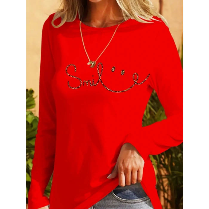 Kadın Uzun Kollu Bisiklet Yaka Gülümseyen Surat Desenli Viskon Bluz