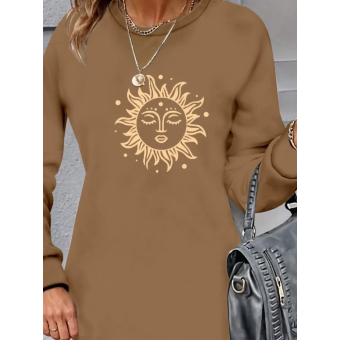 Kadın Uzun Kollu Bisiklet Yaka Güneş Desenli Viskon Iki Iplik Elbise