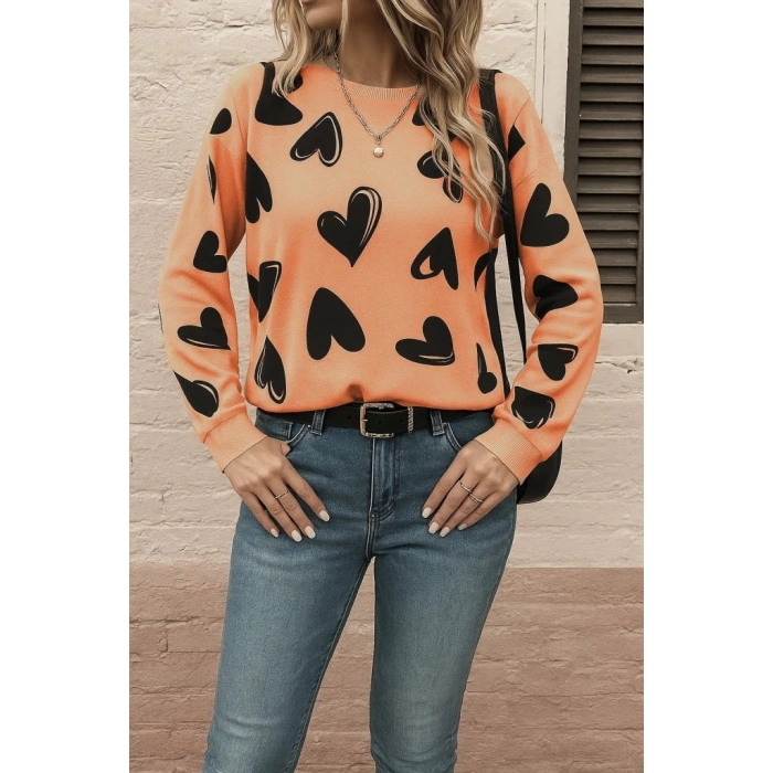 Kadın Uzun Kollu Bisiklet Yaka Kalp Desenli Iki Iplik Bluz