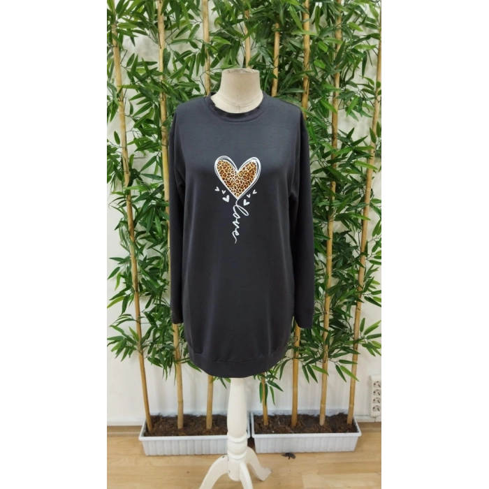 Kadın Uzun Kollu Bisiklet Yaka Kalp Desenli Kısa Viskon Elbise