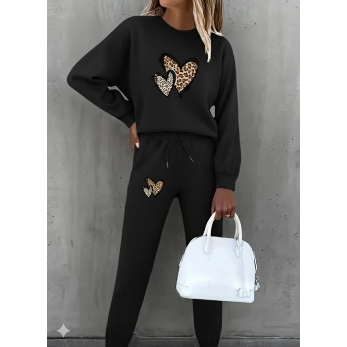 Kadın Uzun Kollu Bisiklet Yaka Kalp Desenli şardonlu üç Iplik Bluz Ve Pantolon Ikili Takım