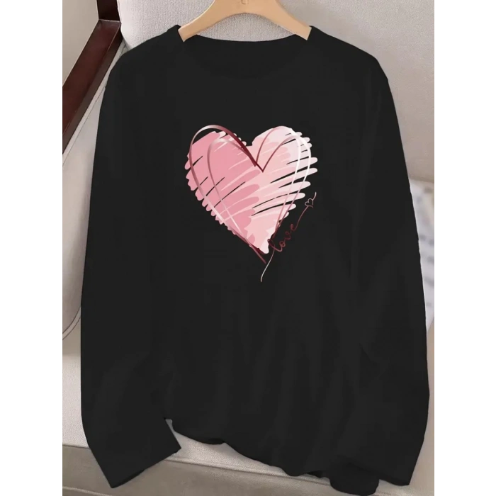 Kadın Uzun Kollu Bisiklet Yaka Kalp Desenli Viskon Bluz