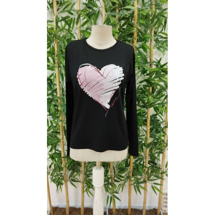 Kadın Uzun Kollu Bisiklet Yaka Kalp Desenli Viskon Bluz