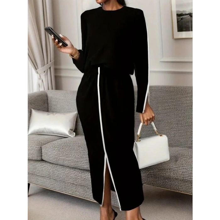 Kadın Uzun Kollu Bisiklet Yaka Kaşkorse Bluz Ve Yırtmaçlı Etek Ikili Takım