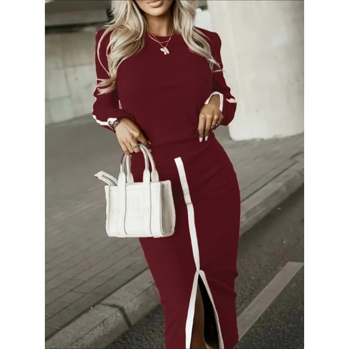 Kadın Uzun Kollu Bisiklet Yaka Kaşkorse Bluz Ve Yırtmaçlı Etek Ikili Takım