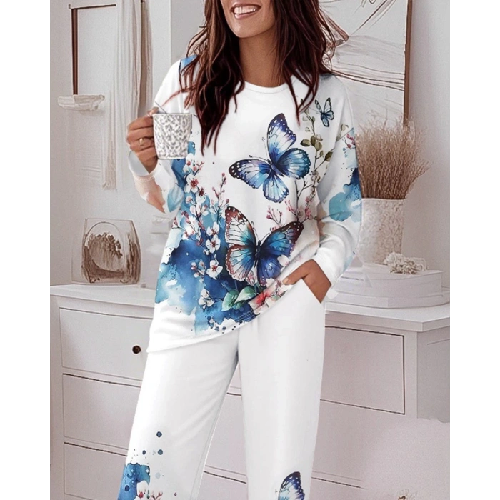 Kadın Uzun Kollu Bisiklet Yaka Kelebek Desenli Iki Iplik Alt üst Takım