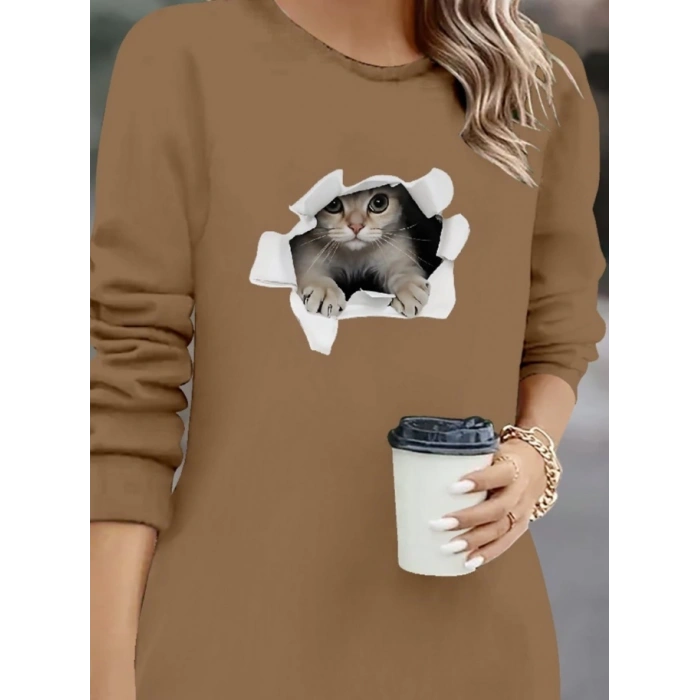 Kadın Uzun Kollu Bisiklet Yaka Kısa Viskon Iki Iplik Elbise