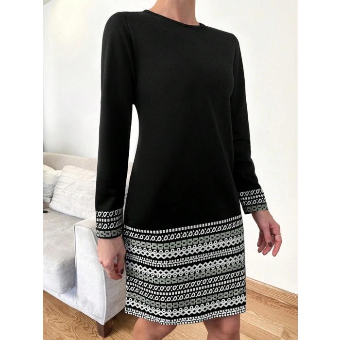 Kadın Uzun Kollu Bisiklet Yaka Kol Ağzı Ve Etek Ucu Baskılı Iki Iplik Elbise