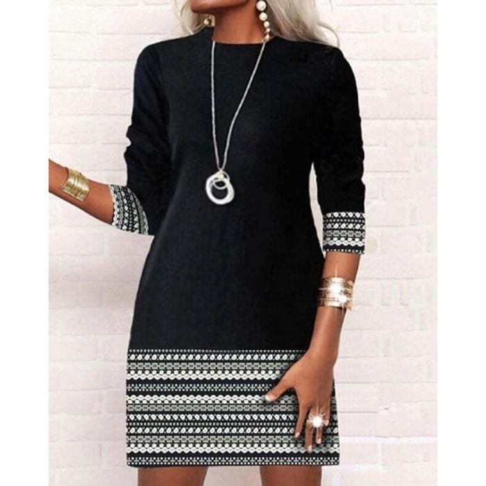 Kadın Uzun Kollu Bisiklet Yaka Kol Ağzı Ve Etek Ucu Baskılı Iki Iplik Elbise