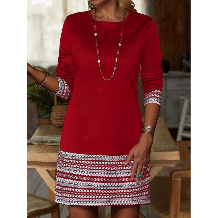 Kadın Uzun Kollu Bisiklet Yaka Kol Ağzı Ve Etek Ucu Baskılı Iki Iplik Elbise