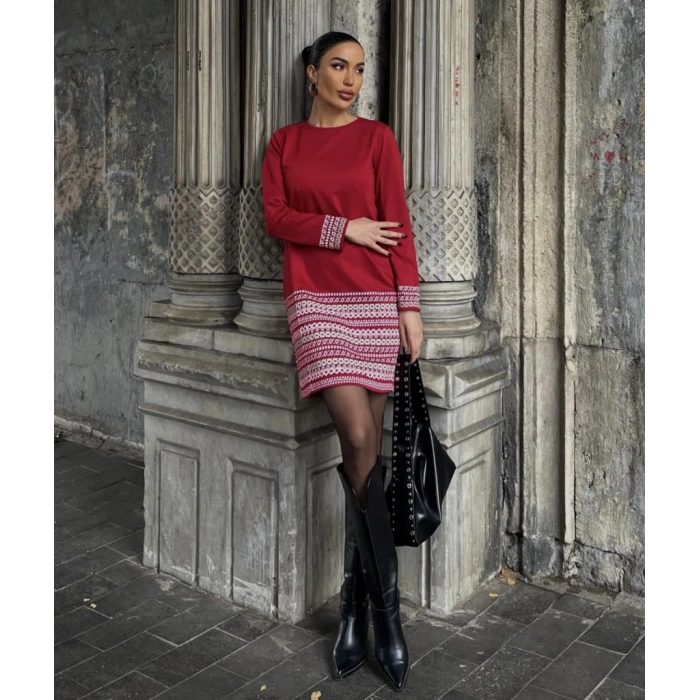 Kadın Uzun Kollu Bisiklet Yaka Kol Ağzı Ve Etek Ucu Baskılı Iki Iplik Elbise