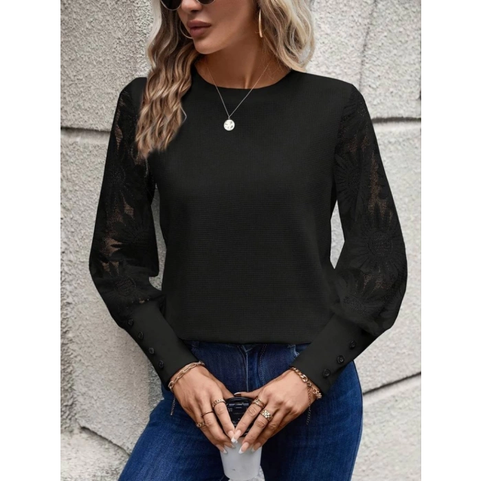 Kadın Uzun Kollu Bisiklet Yaka Kolları çiçekli Waffle Bluz
