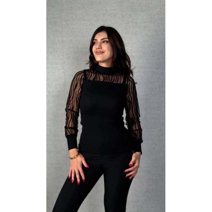 Kadın Uzun Kollu Bisiklet Yaka Kolları Tül Detay Kaşkorse Kumaş Bluz