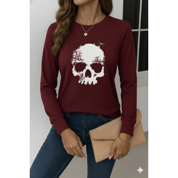 Kadın Uzun Kollu Bisiklet Yaka Kurukafa Desenli Viskon Bluz