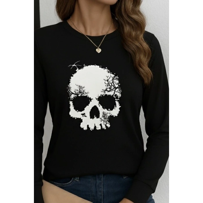 Kadın Uzun Kollu Bisiklet Yaka Kurukafa Desenli Viskon Bluz