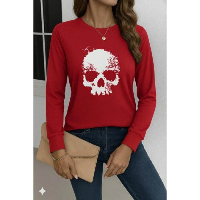 Kadın Uzun Kollu Bisiklet Yaka Kurukafa Desenli Viskon Bluz