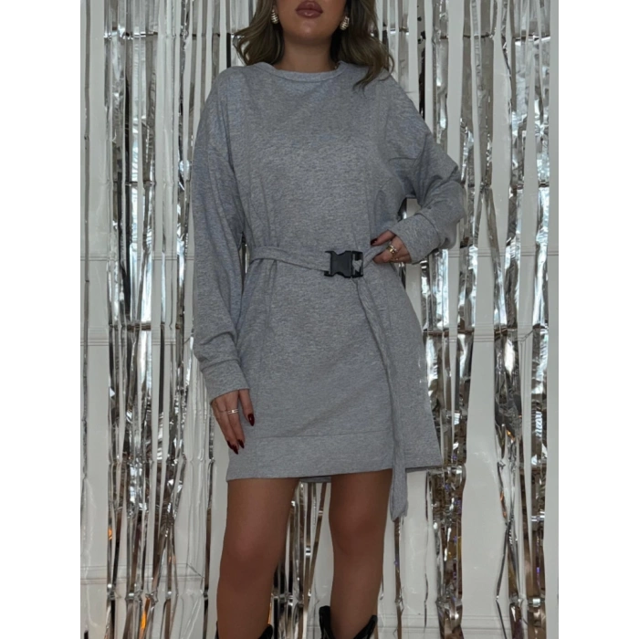 Kadın Uzun Kollu Bisiklet Yaka Kuşaklı Iki Iplik Elbise