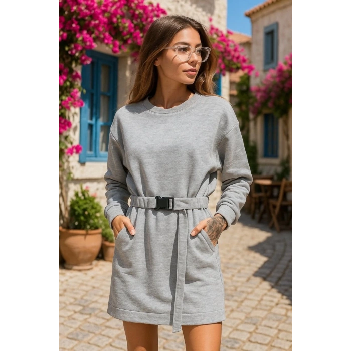 Kadın Uzun Kollu Bisiklet Yaka Kuşaklı Iki Iplik Elbise