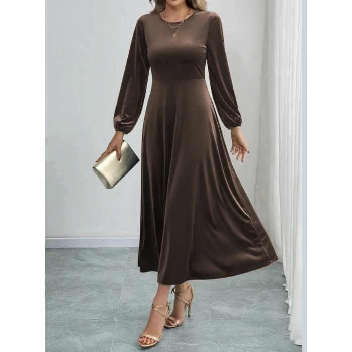 Kadın Uzun Kollu Bisiklet Yaka Midi Kadife Elbise