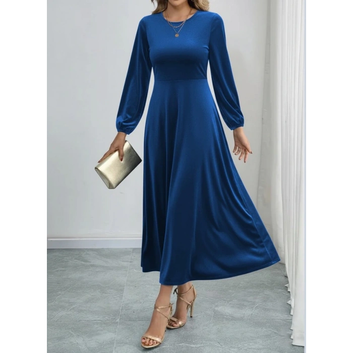 Kadın Uzun Kollu Bisiklet Yaka Midi Kadife Mavi Elbise