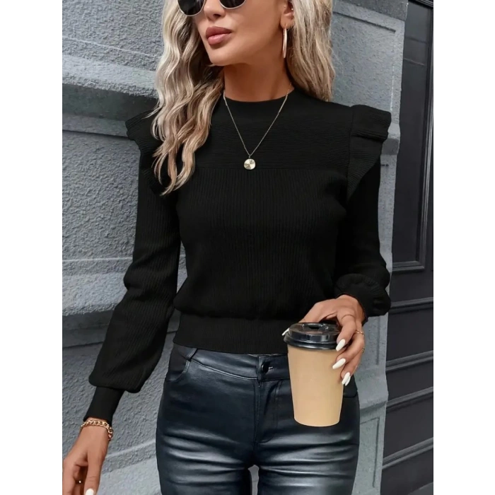Kadın Uzun Kollu Bisiklet Yaka Omuzları Fırfırlı Triko Bluz