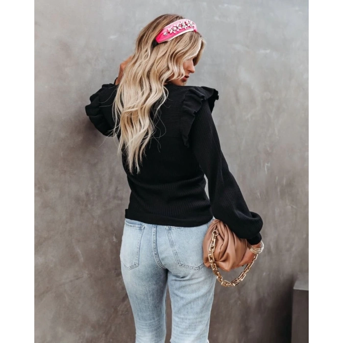 Kadın Uzun Kollu Bisiklet Yaka Omuzları Fırfırlı Triko Bluz