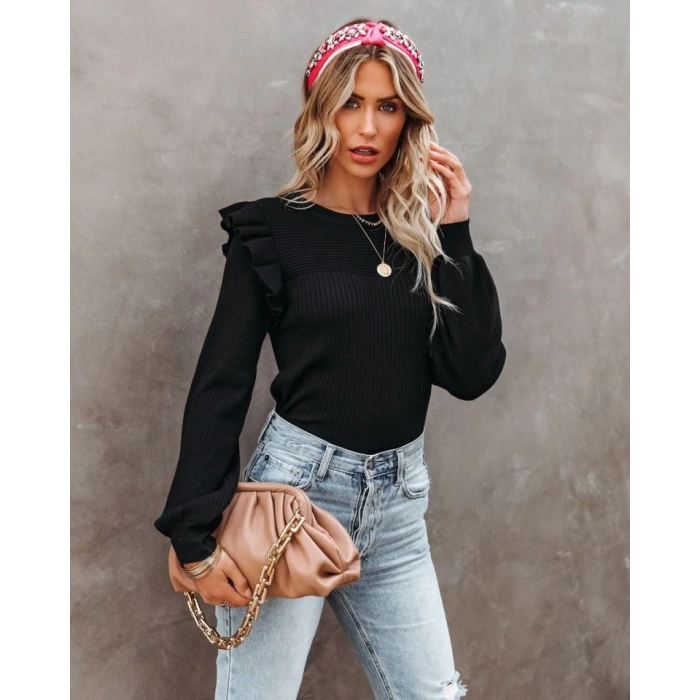 Kadın Uzun Kollu Bisiklet Yaka Omuzları Fırfırlı Triko Bluz