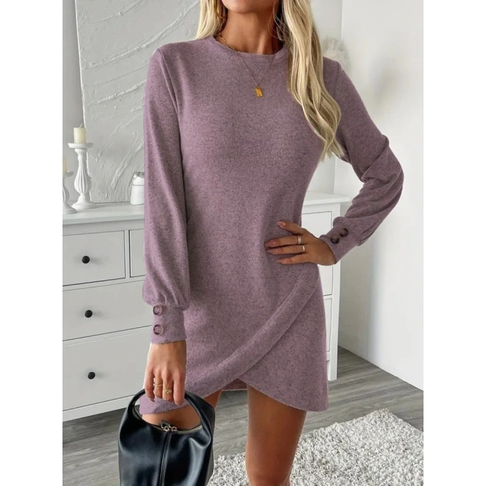 Kadın Uzun Kollu Bisiklet Yaka önden Asimetrik Kesim Detaylı Mini Yumoş Elbise