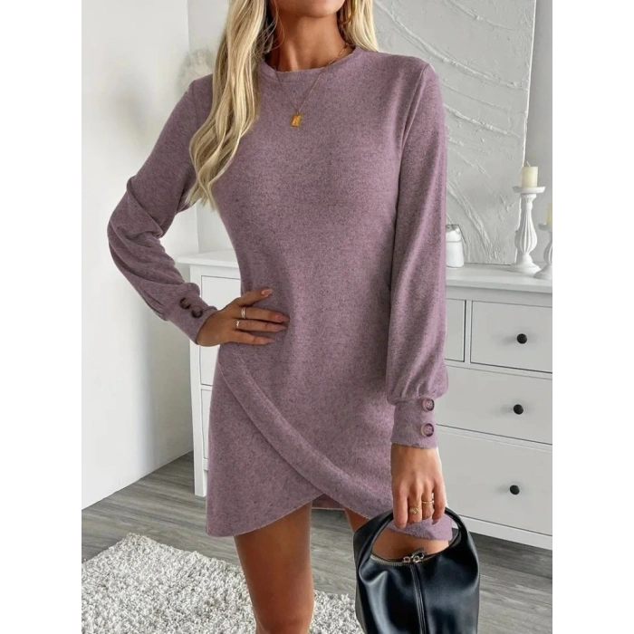 Kadın Uzun Kollu Bisiklet Yaka önden Asimetrik Kesim Detaylı Mini Yumoş Elbise