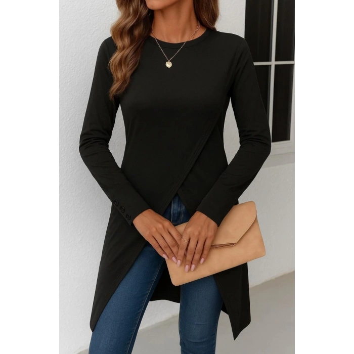 Kadın Uzun Kollu Bisiklet Yaka önden çapraz Kesim Detay Midi Viskon Bluz