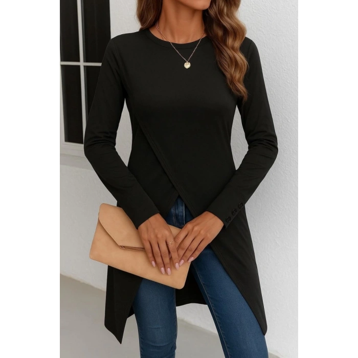 Kadın Uzun Kollu Bisiklet Yaka önden çapraz Kesim Detay Midi Viskon Bluz
