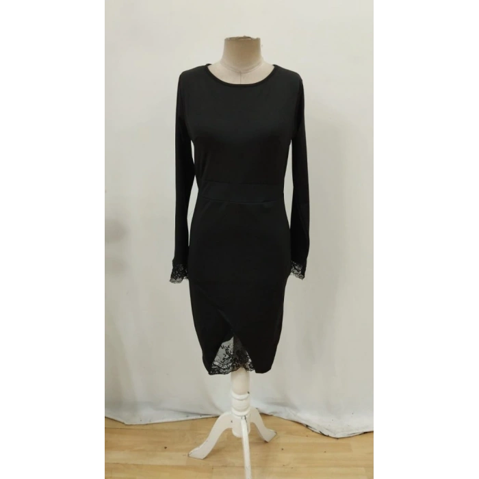 Kadın Uzun Kollu Bisiklet Yaka önden Dantel Ve Yırtmaç Detaylı Dalgıç Elbise