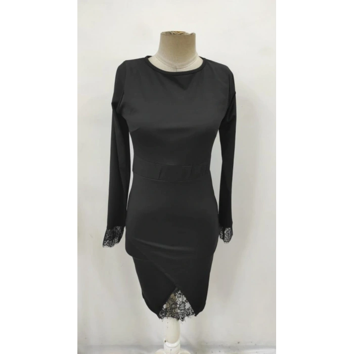 Kadın Uzun Kollu Bisiklet Yaka önden Dantel Ve Yırtmaç Detaylı Dalgıç Elbise