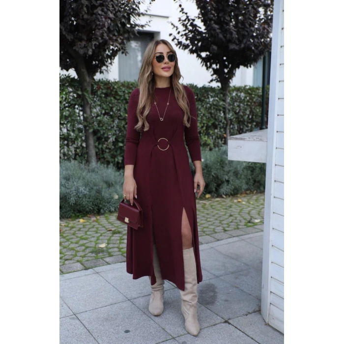 Kadın Uzun Kollu Bisiklet Yaka önden Halka Detaylı Yırtmaçlı Uzun Viskon Iki Iplik Elbise