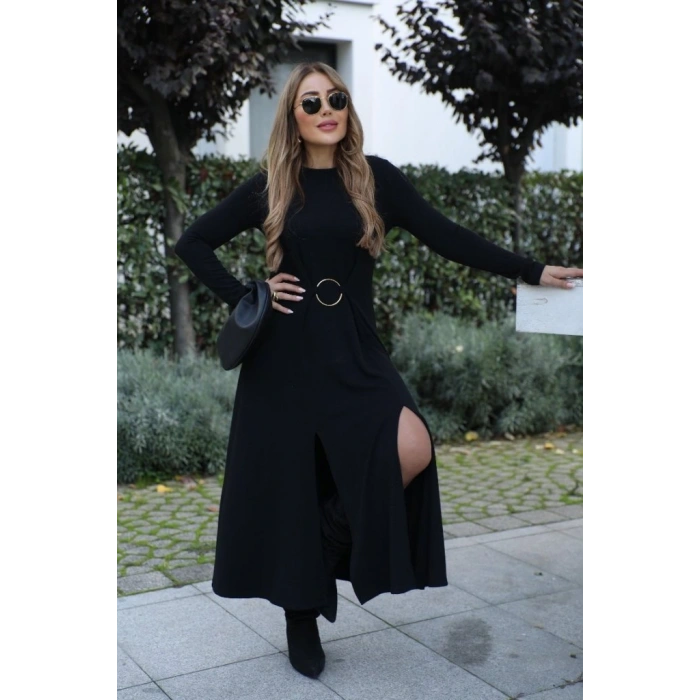 Kadın Uzun Kollu Bisiklet Yaka önden Halka Detaylı Yırtmaçlı Uzun Viskon Iki Iplik Elbise