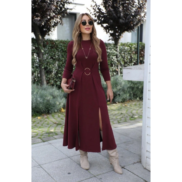 Kadın Uzun Kollu Bisiklet Yaka önden Halka Detaylı Yırtmaçlı Uzun Viskon Iki Iplik Elbise