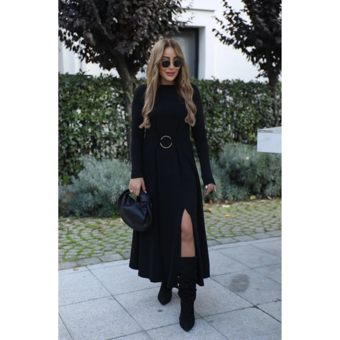 Kadın Uzun Kollu Bisiklet Yaka önden Halka Detaylı Yırtmaçlı Uzun Viskon Iki Iplik Elbise